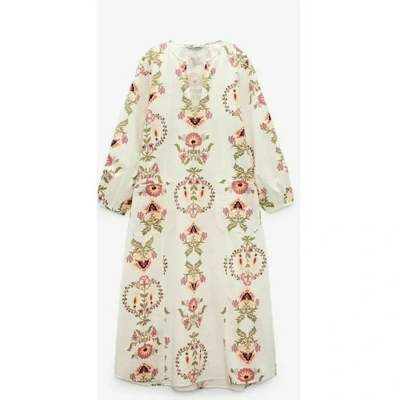Zara Floral Kaftan Dress Print Midi Linen Cotton Blend XL - Picture 6 of 6